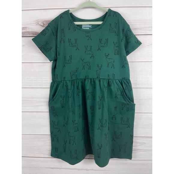 Cat and Jack Girls Dress Green Deer Short Sleeve Knee Length Pockets S 6/7 - Picture 1 of 4
